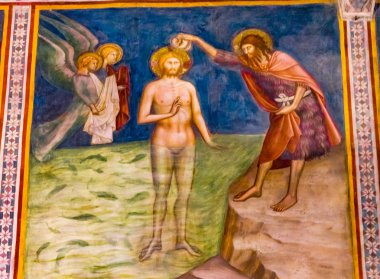 San Gimignano, İtalya - 26 Eylül 2017 John Baptist İsa'nın vaftiz Ortaçağ Rönesans fresk Collegiate Kilisesi Santa Maria Assunta San Gimignano Toskana İtalya