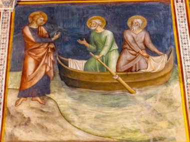 San Gimignano, İtalya - 26 Eylül 2017 İsa Peter balıkçı Ortaçağ Rönesans fresk Collegiate Kilisesi Santa Maria Assunta San Gimignano Toskana İtalya arıyor