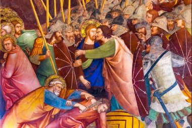 San Gimignano, İtalya - 26 Eylül 2017 Judas İsa öpücük İsa Mesih Ortaçağ Rönesans fresk Collegiate Kilisesi Santa Maria Assunta San Gimignano Toskana İtalya dan 1400s