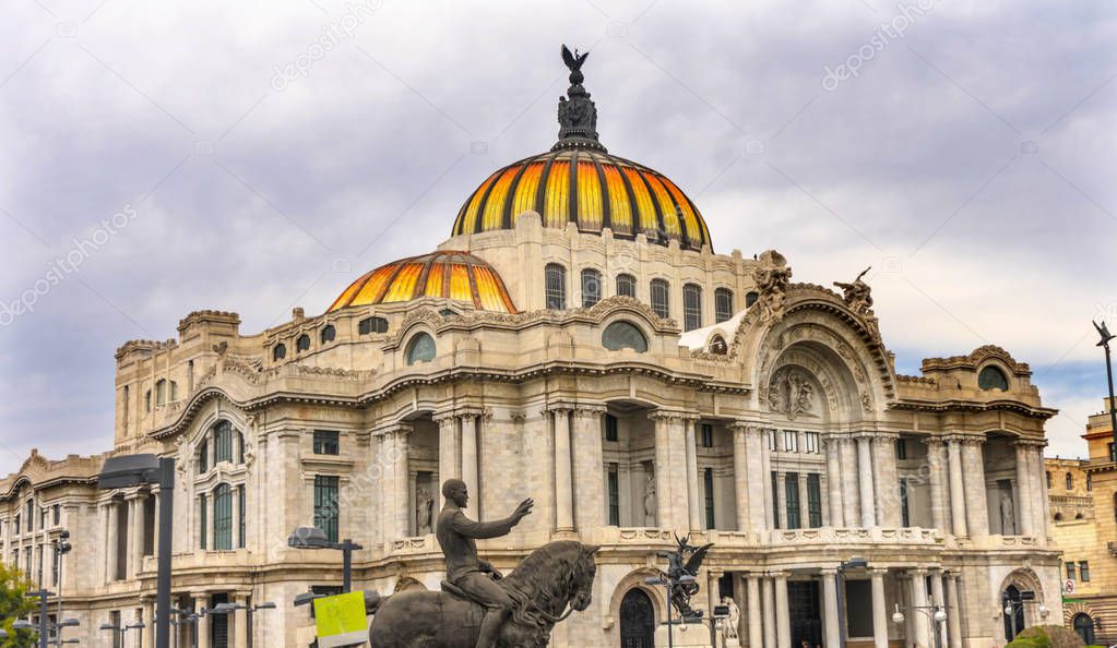 Equestrian Statue Bellas Artes Palace Mexico City Mexico. Built in 1932 as the national theater and art museum