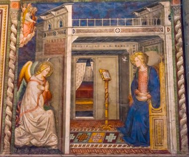 Florence, İtalya - 17 Eylül 2017 Ghirlandaio Virgin yaşam fresk duyuru melek Baptist baba Tornabuoni Chapel Santa Maria Novella Kilisesi Floransa İtalya. Açık havada gruplarınıza 1485 