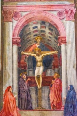Florence, İtalya - 17 Eylül 2017 Masaccio fresk Trinity İsa Santa Maria Novella Kilisesi Floransa İtalya. 1427 öncü perspektif resim içinde oluşturulan