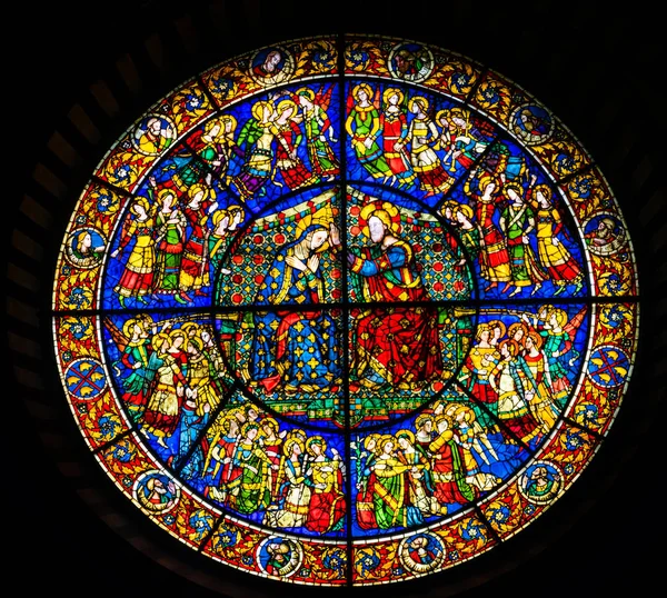 Firenze Italia Syyskuu 2017 Marian Kruunajaiset Jeesus Rose Window Lasimaalaus — kuvapankkivalokuva