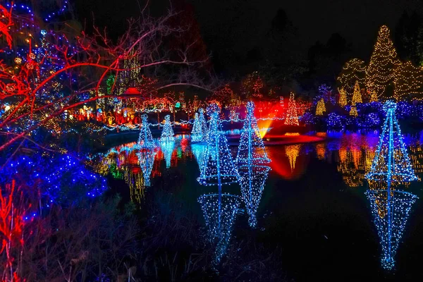 Weihnachtsbeleuchtung Reflexion van dusen garden vancouver britisch c — Stockfoto