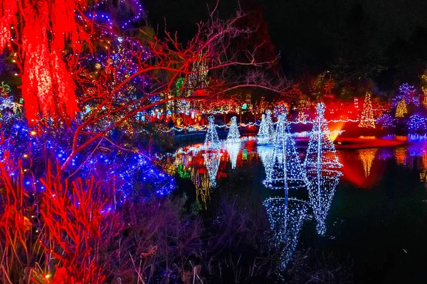 Weihnachtsbeleuchtung Reflexion van dusen garden vancouver britisch c — Stockfoto
