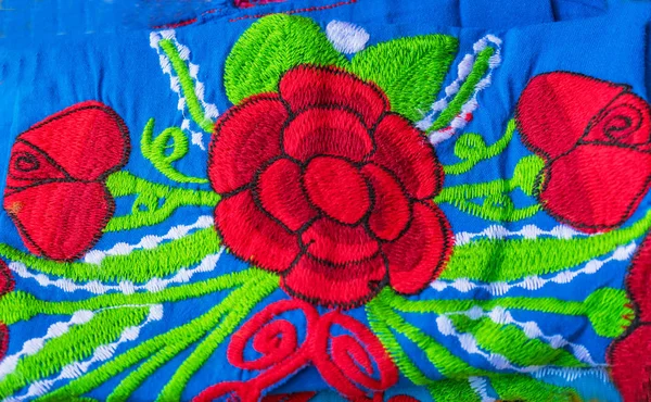 Colorful Mexican Blue Red Flower Blanket Textiles Handicrafts Oa — Stock Photo, Image