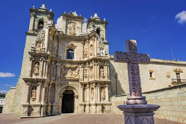 Stone Cross Basilica Our Lady Solitude Facade Church Oaxaca Mexi — Stock Photo, Image