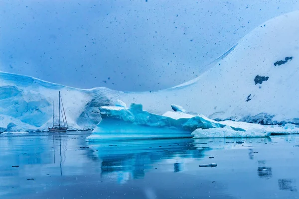 Snowing Sailboat Icebergs Reflexão Blue Glacier Snow Mountains Paradise Bay — Fotografia de Stock