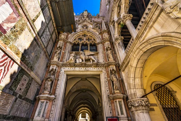 Entrance of the Doge\'s Palace in the Piazza San Marco Saint Mark\'s Square in Venice Italy ornate and beautiful. Erected in 1340 as the seat of palace.