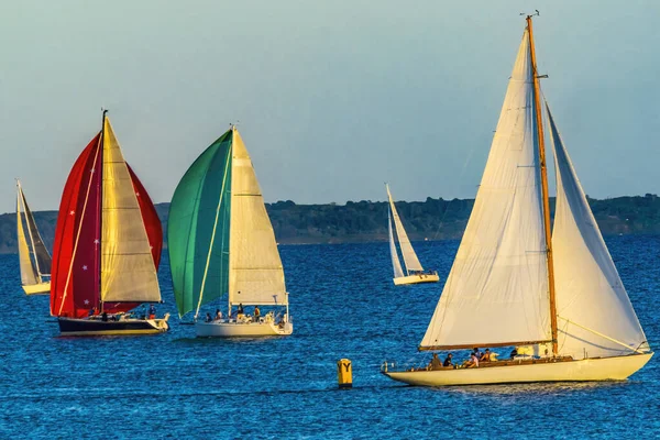 Miércoles Por Noche Carreras Redondeando Boya Amarilla Veleros Coloridos Spinnakers — Foto de Stock