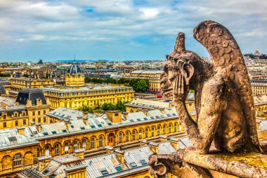 Gargoyle Fantastik Yaratık Yangından Önce Eski Notre Dame Kilise Binaları Şehir Merkezi Montmarte Paris Fransa. Çatı 2019 'daki yangından sonra onarılmadı. Gargoyle çatıdaki suyu boşaltmak için su borusu olarak kullanılır..