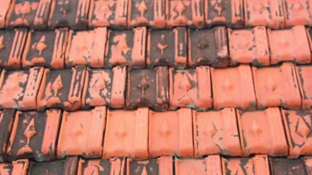 Красная Крыша Запеченные Глиняные Плитки Старый Выветривается Панорамной Камеры Высокой — стоковое видео