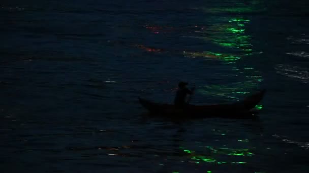 渔夫在一艘小木船上 用五颜六色的霓虹灯反射出水面 低光夜钓高清晰度的库存素材片段 单渔夫剪影平移照相机夜场面 — 图库视频影像