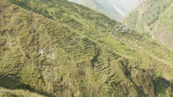 En massa backpackers promenad på vägen i nepalesiska bergen. Manaslu circuit trek. — Stockvideo