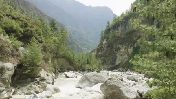 Hängebrücke über den Fluss in den Bergen von Nepal. Manaslu Circuit Trek. — Stockvideo