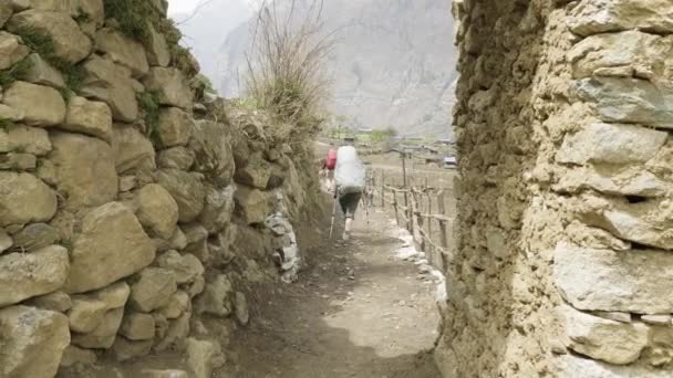 Turistas en la caminata alrededor de la montaña Manaslu, cerca de la aldea Prok, Nepal . — Vídeo de stock