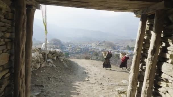 Local farmers carry heavy wicker baskets on the heads in Nepal. Manaslu area. — Stock Video