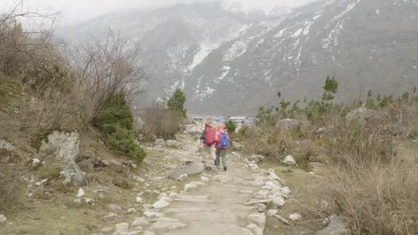 Ζευγάρι περπατά ανάμεσα στα βουνά του Νεπάλ. — Αρχείο Βίντεο
