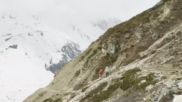 Twee backpackers op de trekking Larke Pass in Nepal. Manaslu gebied. — Stockvideo