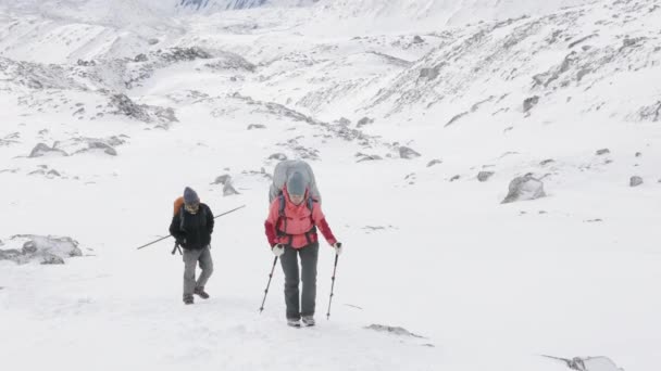 Batůžkáři Larke Pass v Nepálu, 5100m nadmořské výšky. Oblast Manaslu trek okruh. — Stock video