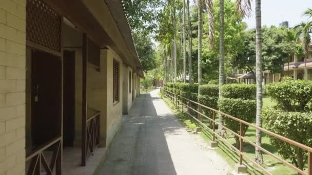 Green courtyard of the hotel in asia. Village in Chitwan national park, Nepal. — Stock Video