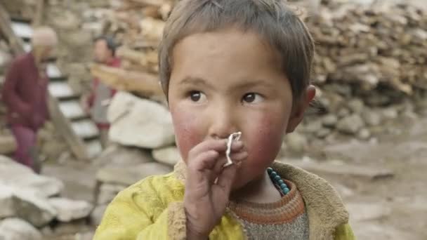 Prok, nepal - märz 2018: porträt des lokalen jungen in nepalesischen dorf. — Stockvideo