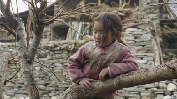 PROK, NEPAL - MARZO, 2018: Retrato de la chica local en el pueblo nepalés . — Vídeos de Stock