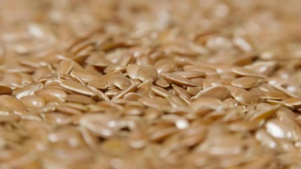 Montón de semillas de lino en la mesa giratoria, vista macro, alimentos saludables — Vídeos de Stock