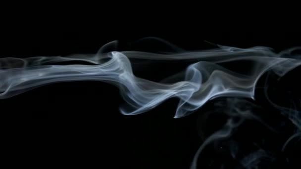 Ondas de humo azul blanco abstracto se mueve lentamente sobre el fondo negro — Vídeos de Stock
