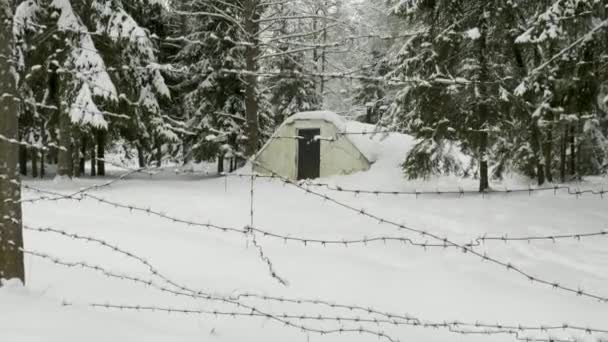 Маленький военный старый бункер, окруженный колючей проволокой в зимнем лесу — стоковое видео