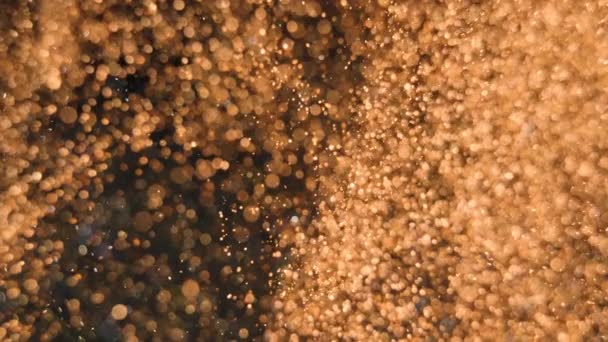 Elegante, detaillierte und goldene Teilchen fließen mit geringer Schärfentiefe unter Wasser — Stockvideo