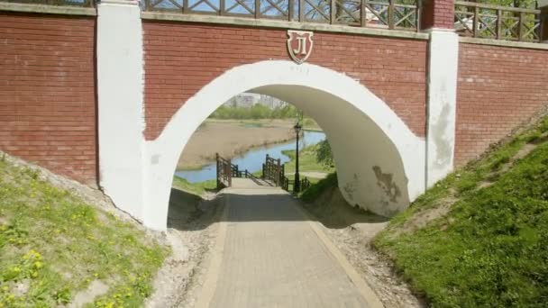 Groen park met de stenen brug in de lentedag — Stockvideo