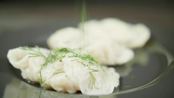 Cook strössel grönska på kokt dumplings — Stockvideo