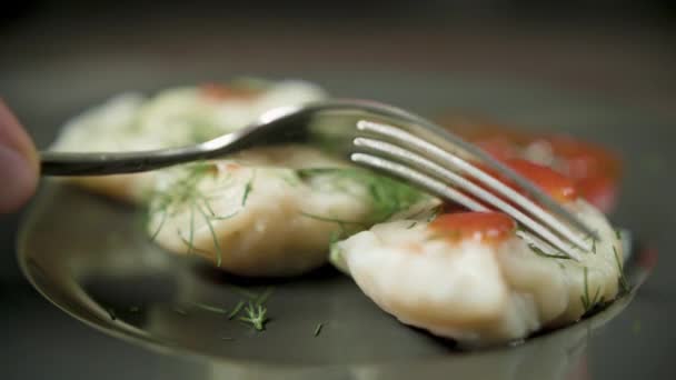 Persoon probeert de gekookte dumplings met de tomatensaus — Stockvideo