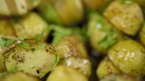 Na opečenou zlatou bramboru posypat zeleně — Stock video
