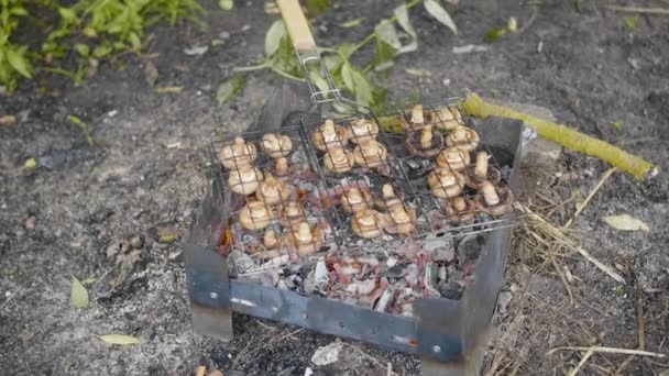 Mushrooms brown champignon cooked on grill or barbecue outdoors — Stock Video