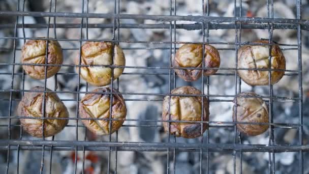 Grzyby brązowe pieczarki gotowane na grillu lub grillu na zewnątrz — Wideo stockowe