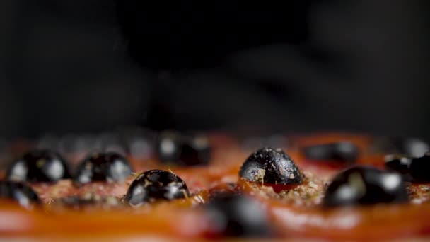 Cook przygotowuje pizzę z solą i przyprawami na ciemnym tle — Wideo stockowe