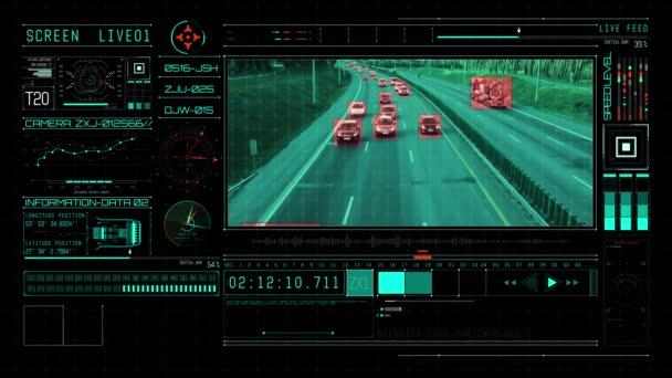 A kamera figyeli az autókat az autópályán, és azonosítja a követési adatokat — Stock videók