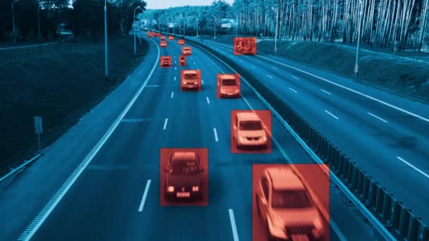 Camera monitors cars on the highway and identifies tracking data — Stock Video