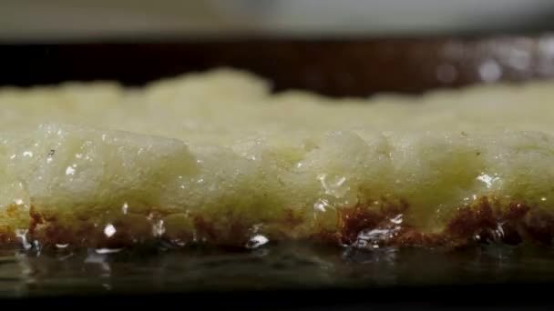 Crêpes de pommes de terre draniki sont frits dans l'huile végétale dans une casserole, macro shot — Video