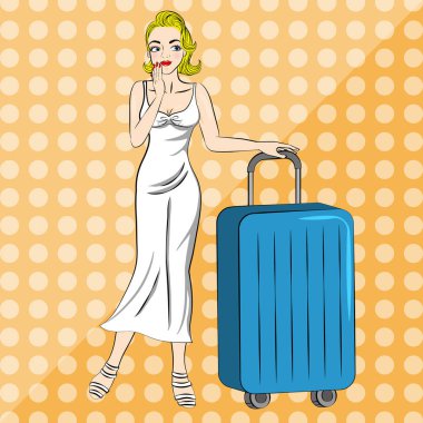 kadını kabul Bagaj durumda seyahat konsepti ile sarı arka plan üzerinde