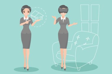 iş kadını ile sanal gerçeklik yeşil zemin üzerine