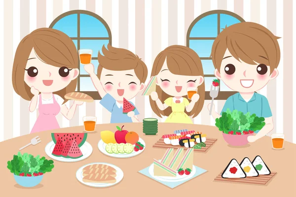 Sevimli Çizgi Mutlu Bir Aile Evde Yemek Yeme — Stok Vektör