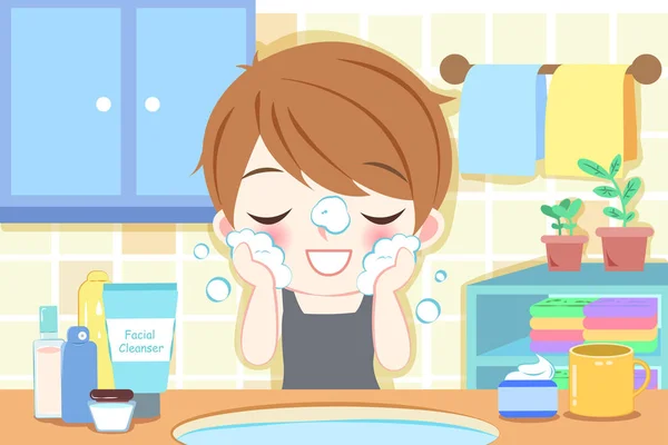 Cartoon Skin Care Man Wash His Face — Stock Vector
