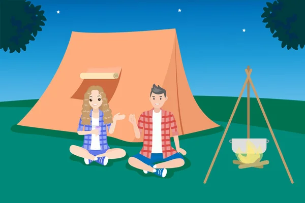 Lindo Dibujos Animados Pareja Camping Aire Libre Por Noche — Vector de stock