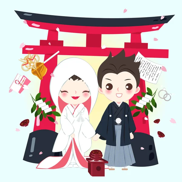 Bonito Cartoon Japonês Casamento Casal Fundo Rosa —  Vetores de Stock