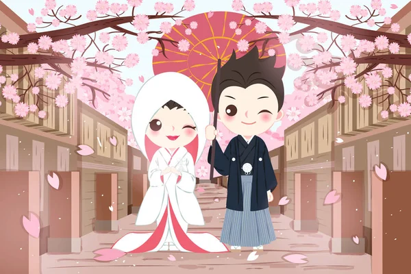 Lindo Dibujos Animados Japonés Boda Pareja Fondo Rosa — Vector de stock