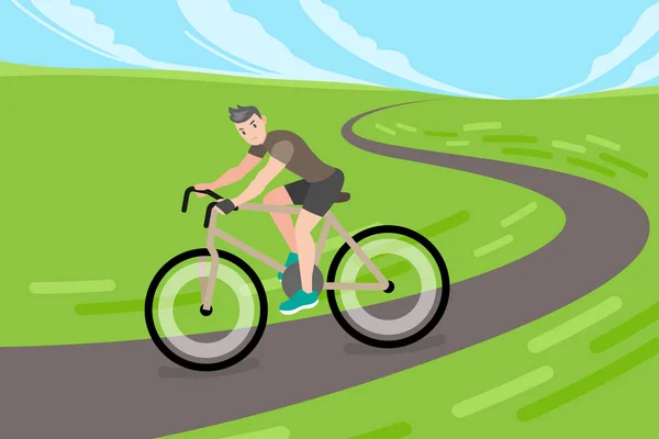 Cute Cartoon Man Riding Bicycle Road — Stock Vector