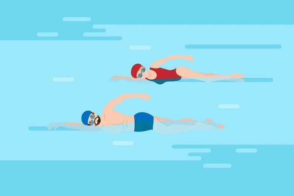Cute Cartoon People Swim Pool — Stock Vector
